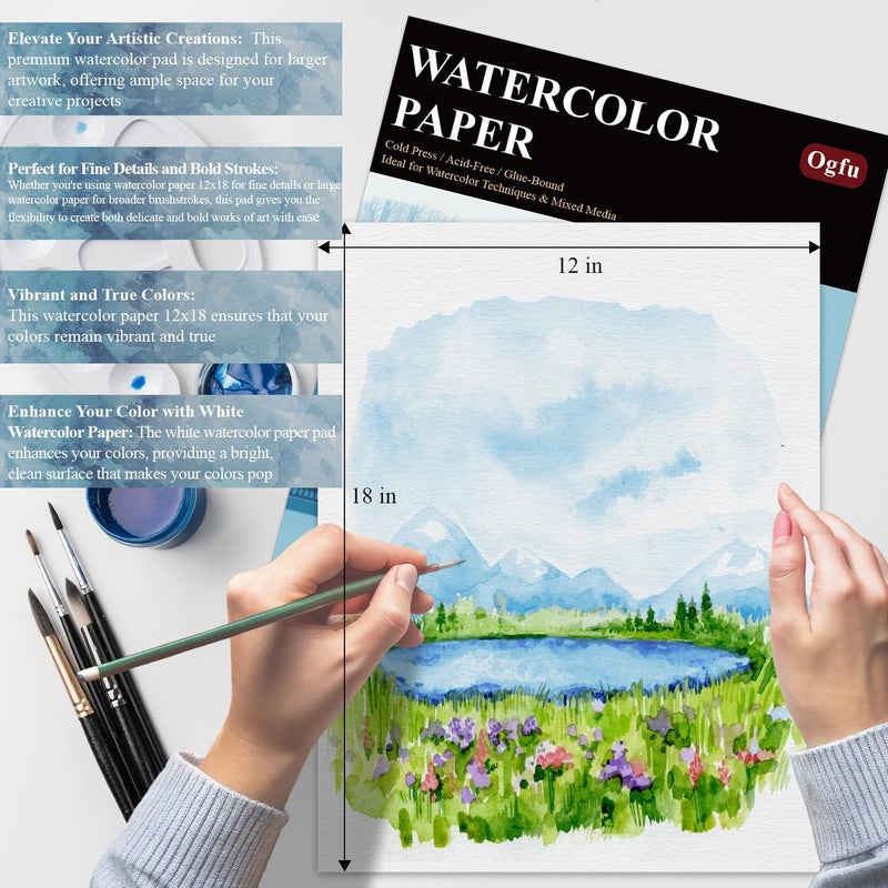 Ogfu Large Water Color Paper, 12x18 Watercolor Paper Pad 140 lb, 16 Sheets(32 Pages) Cold Press Mixed Media Paper, Watercolor Supplies for Adults & Gifts for Artists. - Image 5